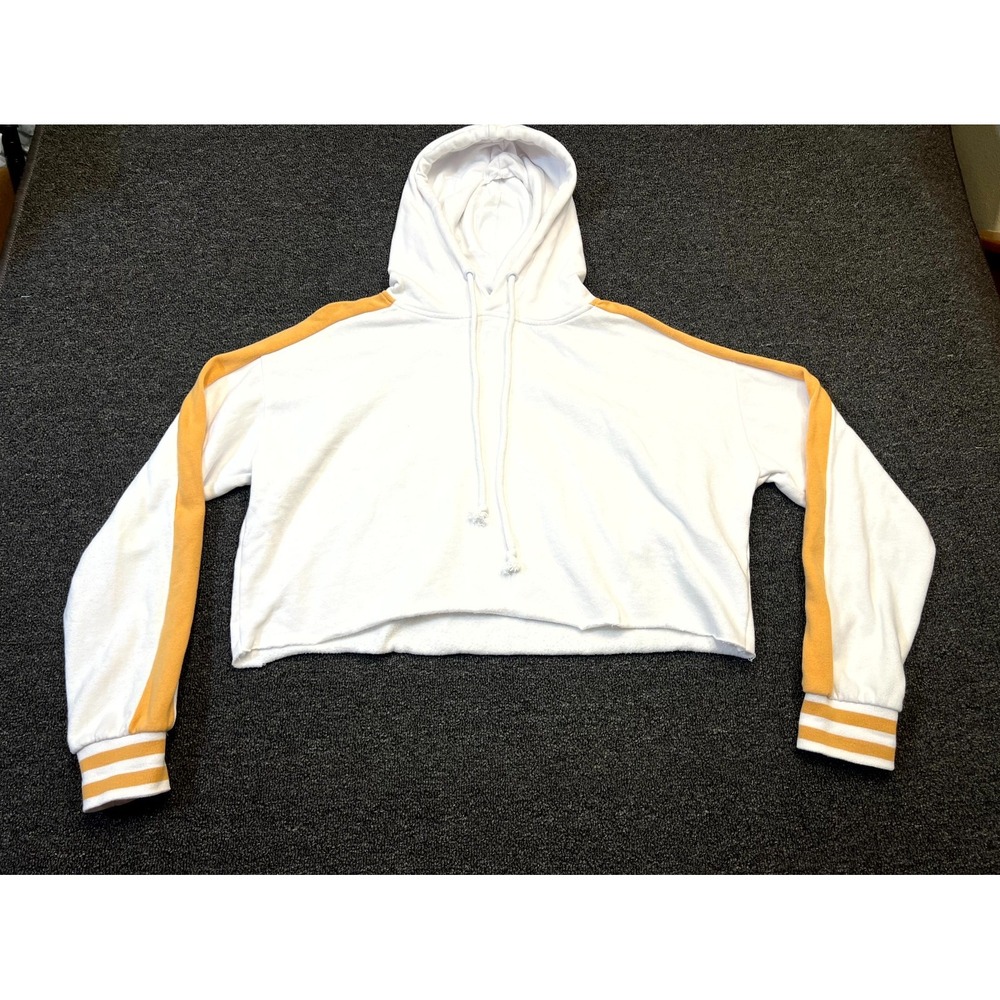 La Hearts Cropped Hoodie Womens Large White Orange Stripe Long Sleeve Drawstring